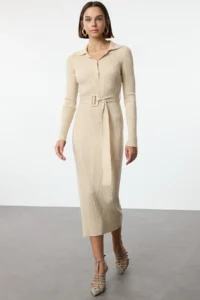 TRENDYOLMİLLA Beige Maxi Belted  Knit Dress