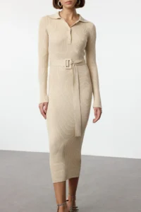 TRENDYOLMİLLA Beige Maxi Belted  Knit Dress - Image 4