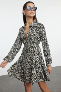 TRENDYOLMİLLA Multicolored Belted animals Patterned skater/Waisted Mini Viscose Weaving Dress - Image 2