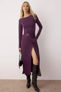 TRENDYOLMİLLA Plum Accessory Detailed Fitted Maxi Flexible Knitting Dress