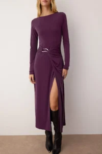 TRENDYOLMİLLA Plum Accessory Detailed Fitted Maxi Flexible Knitting Dress - Image 3