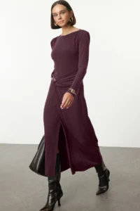 TRENDYOLMİLLA Plum Accessory Detailed Fitted Maxi Flexible Knitting Dress - Image 5
