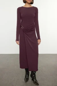 TRENDYOLMİLLA Plum Accessory Detailed Fitted Maxi Flexible Knitting Dress - Image 7
