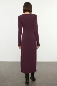 TRENDYOLMİLLA Plum Accessory Detailed Fitted Maxi Flexible Knitting Dress - Image 9