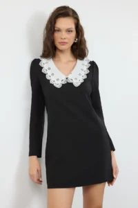 TRENDYOLMİLLA Black A Cut Collar Detailed Mini Weaving Dress - Image 2