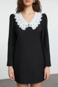 TRENDYOLMİLLA Black A Cut Collar Detailed Mini Weaving Dress - Image 3