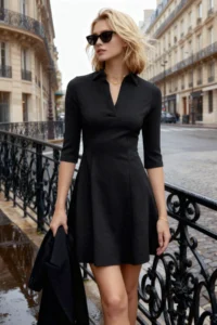 TRENDYOLMİLLA Black Polo Shirt Collar skater/Waist Opening Mini Knitting Dress - Image 2