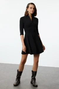 TRENDYOLMİLLA Black Polo Shirt Collar skater/Waist Opening Mini Knitting Dress - Image 3