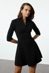 TRENDYOLMİLLA Black Polo Shirt Collar skater/Waist Opening Mini Knitting Dress - Image 4
