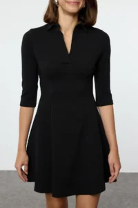 TRENDYOLMİLLA Black Polo Shirt Collar skater/Waist Opening Mini Knitting Dress - Image 5