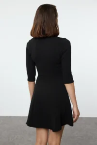 TRENDYOLMİLLA Black Polo Shirt Collar skater/Waist Opening Mini Knitting Dress - Image 7
