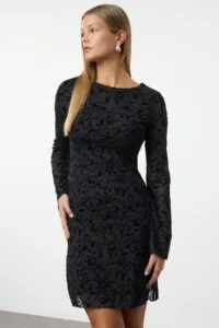 TRENDYOLMİLLA Black Flock Printed Fitted Mini Knitting Dress