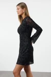 TRENDYOLMİLLA Black Flock Printed Fitted Mini Knitting Dress - Image 2