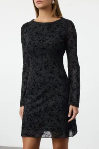 TRENDYOLMİLLA Black Flock Printed Fitted Mini Knitting Dress - Image 4
