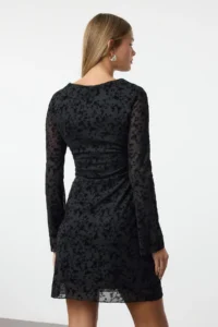 TRENDYOLMİLLA Black Flock Printed Fitted Mini Knitting Dress - Image 5