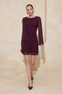 TRENDYOLMİLLA Plum Flock Printed Fitted Mini Knitting Dress