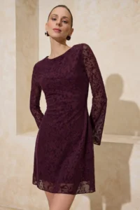 TRENDYOLMİLLA Plum Flock Printed Fitted Mini Knitting Dress - Image 2