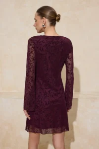 TRENDYOLMİLLA Plum Flock Printed Fitted Mini Knitting Dress - Image 4