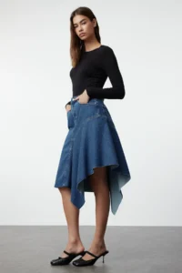 TRENDYOLMiLLA Mavi Stitching Detailed Asymmetric High Waist Midi Denim Skirt