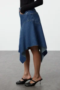 TRENDYOLMiLLA Mavi Stitching Detailed Asymmetric High Waist Midi Denim Skirt - Image 3