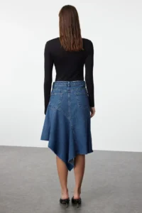 TRENDYOLMiLLA Mavi Stitching Detailed Asymmetric High Waist Midi Denim Skirt - Image 4