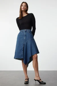 TRENDYOLMiLLA Mavi Stitching Detailed Asymmetric High Waist Midi Denim Skirt - Image 5