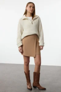 TRENDYOLMiLLA Camel Double breasted Kapama Mini Size Weaving Skirt - Image 2