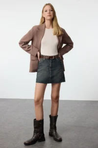 TRENDYOLMiLLA Mavi Soluk Efekt Vintage High Waist Mini denim Skirt