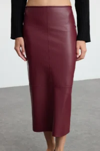 TRENDYOLMİLLA Burgundy High Waist Pen Body-fitting slit Skirt