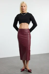TRENDYOLMİLLA Burgundy High Waist Pen Body-fitting slit Skirt - Image 2