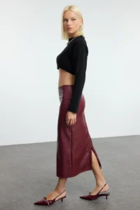 TRENDYOLMİLLA Burgundy High Waist Pen Body-fitting slit Skirt - Image 3