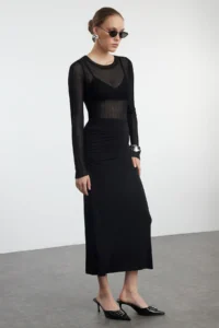TRENDYOLMİLLA Black Ruffle Drape Detailed Maxi wrap Flexible Skirt - Image 6