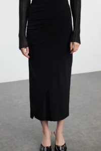 TRENDYOLMİLLA Black Ruffle Drape Detailed Maxi wrap Flexible Skirt - Image 7