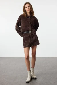 TRENDYOLMiLLA Brown Suede Look Regular Waist Mini Denim Skirt