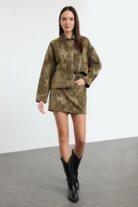 TRENDYOLMiLLA Khaki Suede Look Regular Waist Mini Denim Skirt