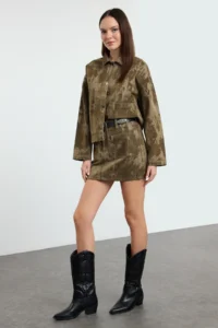 TRENDYOLMiLLA Khaki Suede Look Regular Waist Mini Denim Skirt - Image 2