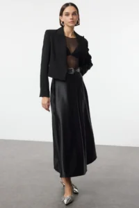 TRENDYOLMİLLA Black A Line/Life Form Maxi Satin Knitting Skirt