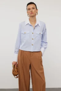 TRENDYOLMİLLA Mavi Metal Button Detailed Collar and Sleeve Detailed Striped Regular Pattern Weaving Shirt - Image 2