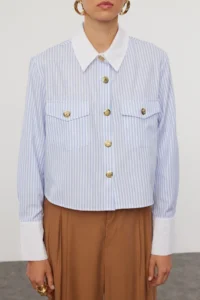 TRENDYOLMİLLA Mavi Metal Button Detailed Collar and Sleeve Detailed Striped Regular Pattern Weaving Shirt - Image 3