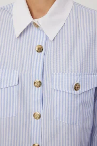 TRENDYOLMİLLA Mavi Metal Button Detailed Collar and Sleeve Detailed Striped Regular Pattern Weaving Shirt - Image 4