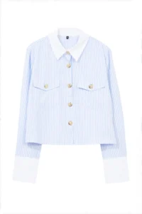 TRENDYOLMİLLA Mavi Metal Button Detailed Collar and Sleeve Detailed Striped Regular Pattern Weaving Shirt - Image 6