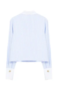 TRENDYOLMİLLA Mavi Metal Button Detailed Collar and Sleeve Detailed Striped Regular Pattern Weaving Shirt - Image 7