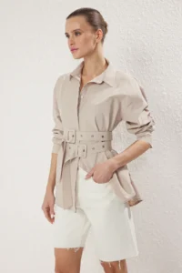 TRENDYOLMİLLA Stone Belt Detailed Oversized Wide Pattern Weaving Shirt