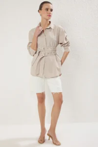 TRENDYOLMİLLA Stone Belt Detailed Oversized Wide Pattern Weaving Shirt - Image 2
