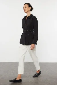 TRENDYOLMİLLA Black Belt Detailed Oversized Wide Pattern Weaving Shirt - Image 2