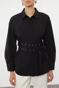 TRENDYOLMİLLA Black Belt Detailed Oversized Wide Pattern Weaving Shirt - Image 3