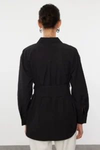 TRENDYOLMİLLA Black Belt Detailed Oversized Wide Pattern Weaving Shirt - Image 5