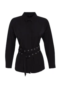 TRENDYOLMİLLA Black Belt Detailed Oversized Wide Pattern Weaving Shirt - Image 6