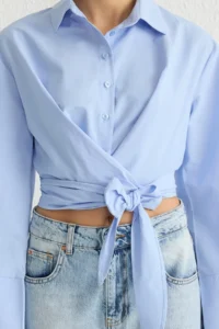 TRENDYOLMİLLA Light Blue Binding Detailed Regular Normal Pattern Weaving Shirt - Image 3