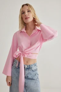 TRENDYOLMİLLA Pink Binding Detailed Regular Normal Pattern Weaving Shirt